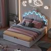 140*200cm Letto Piatto, Letto Imbottito, Letto da Principessa, Illuminazione d'Ambiente Regolabile, Striscia con Corona, Bianco