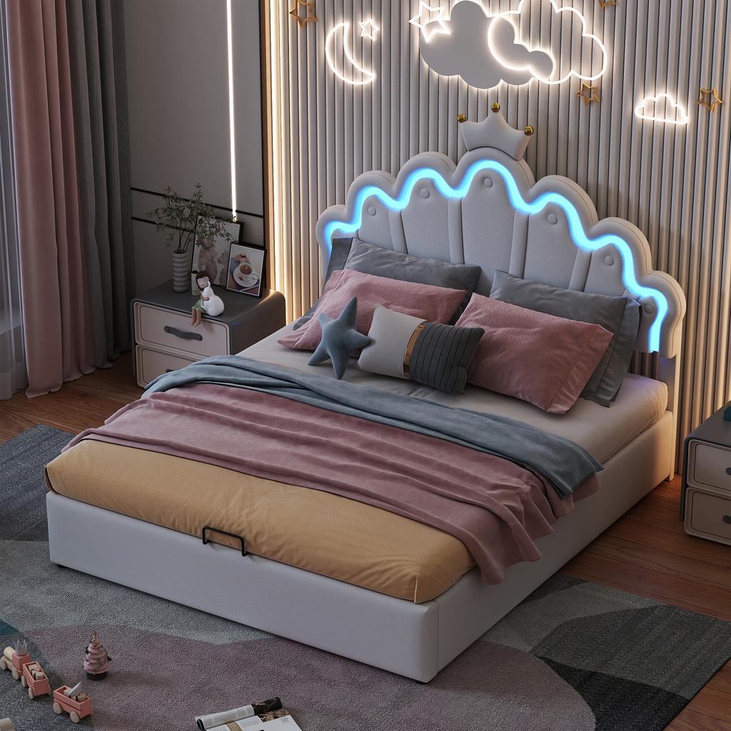 140*200cm Letto Piatto, Letto Imbottito, Letto da Principessa, Illuminazione d'Ambiente Regolabile, Striscia con Corona, Bianco