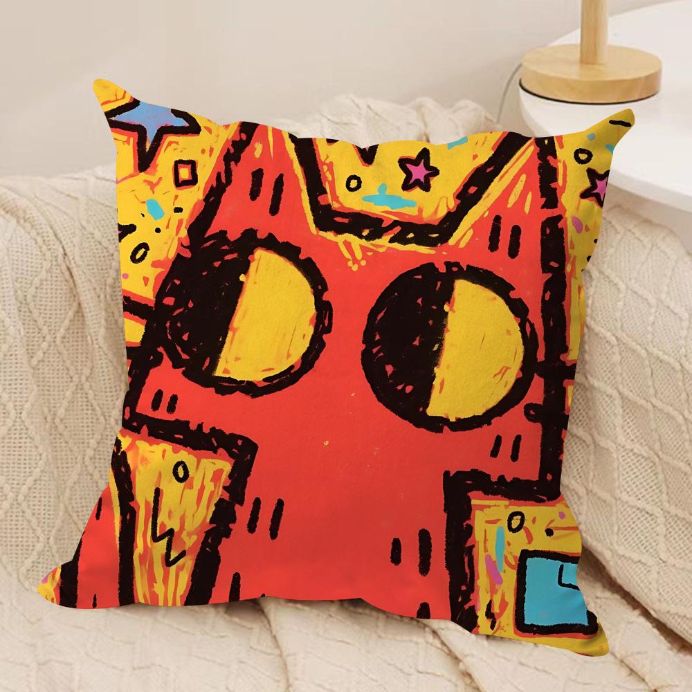 Art Dopamine Doodle Cat Cushion Cover Silky Short Plush Invisible Zipper Dustproof Sofa Pillow Case For Home Decor