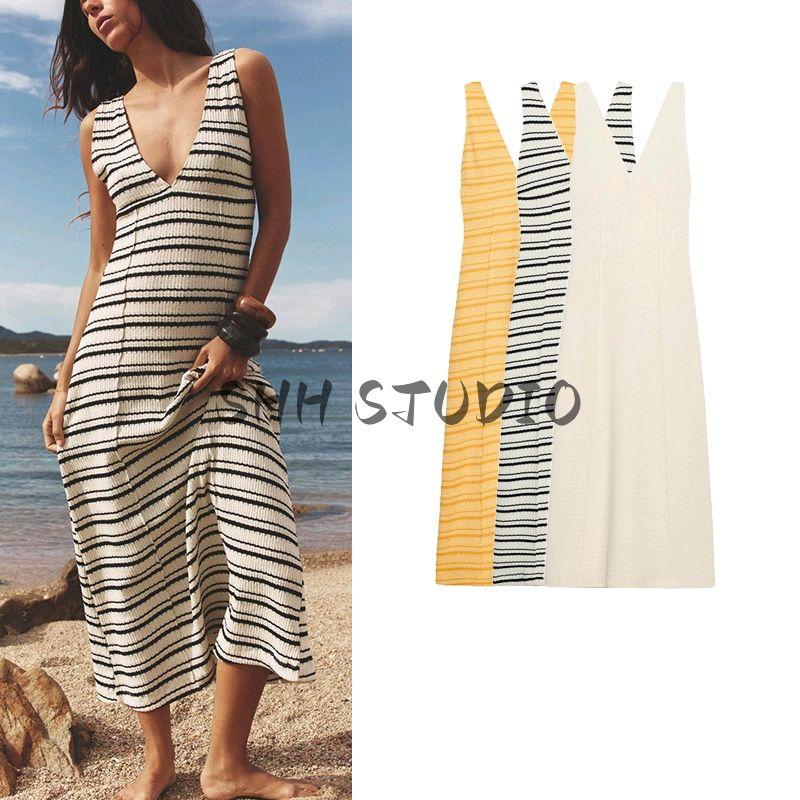 Summer New Product Women's Clothes French Style Vacation Style V Neck Sleeveless A- Line Hem Midi Skirt Dress 5584222