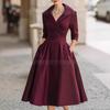 Elegant temperament waist thin dress long sleeves big swing solid color dress women
