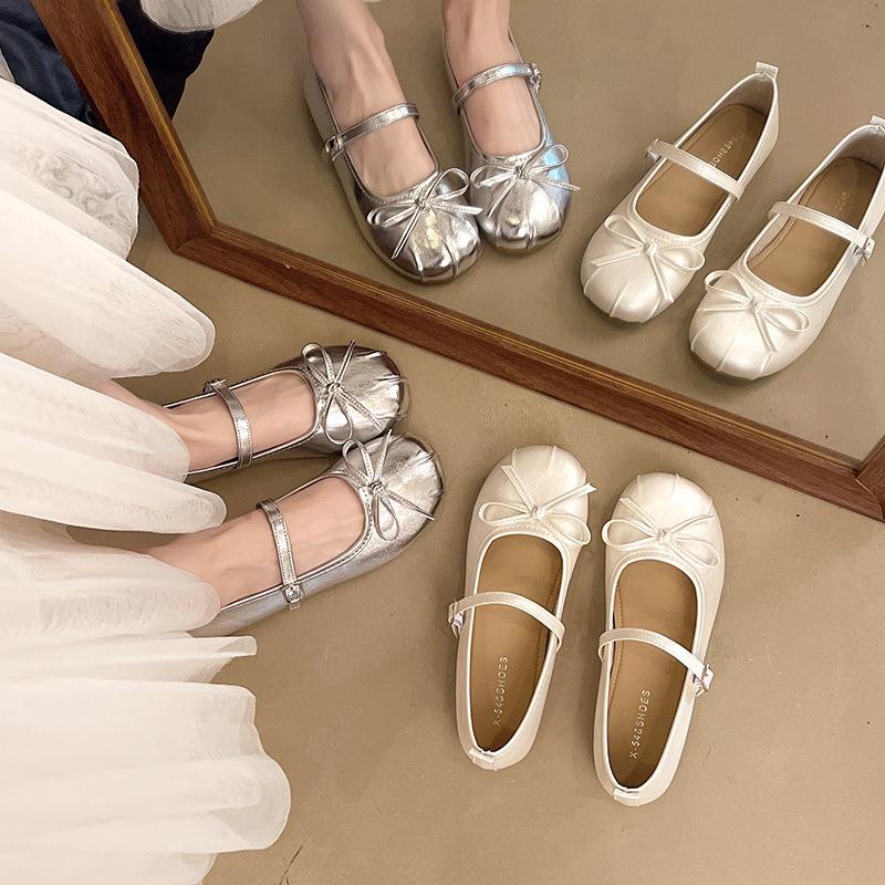 Silver flat ballet single shoes women's new temperament bow word with Mary Jane shoes