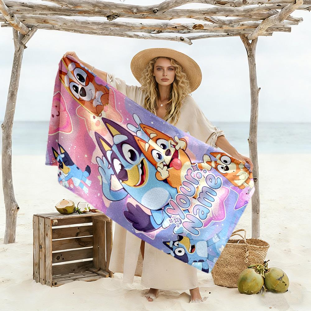 Bluey Customize Text Beach Towel Super Soft Microfiber Quickdry Fabric