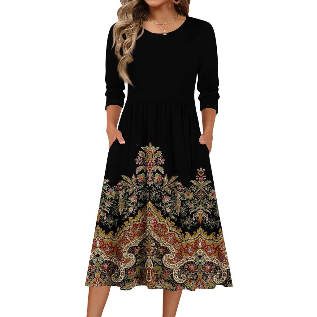 3/4-Ärmel Damenkleid Lässig Fließend A-Linie Midi T-Shirt Kleider mit Taschen Rundhalsausschnitt Urlaub Boho Strand Sommerkleid