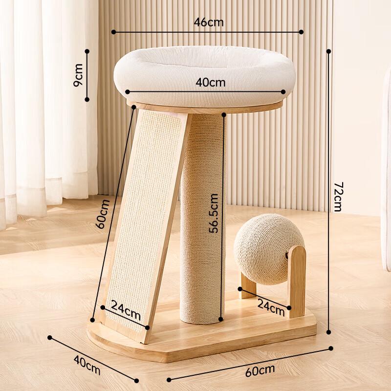 Space-Saving Solid Wood Cat Tree with Cozy Bed and Scratching Post