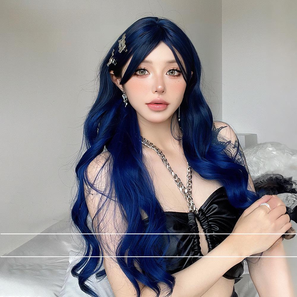 Women's Long Sky Blue Wavy Wig for Daily Lolita Look, Ideal for Round Faces