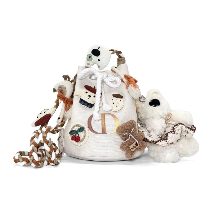 DIOR DIY Style Cosmetic Bag Go on an outing, cute West Highland puppy, flowers, goose, woven chain, polyester beige bucket drawstring storage бежевый