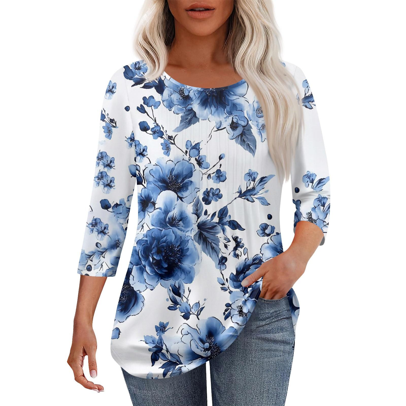 

Женская мода повседневная плиссированная футболка с круглым вырезом и принтом с рукавом три четверти XXL