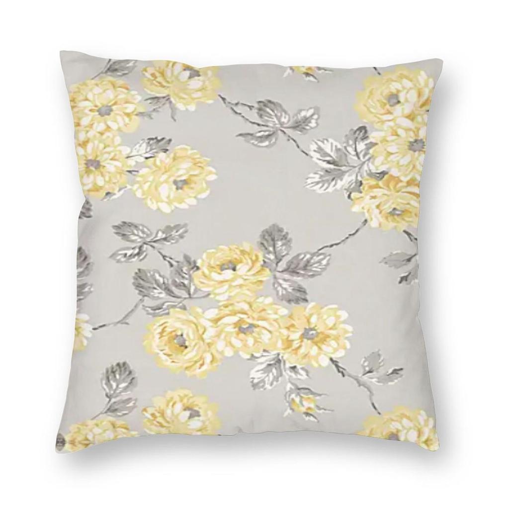 Yellow And Grey Flowers Pillowcase Polyester Linen Velvet Printed Zip Decor Room Cushion Cover