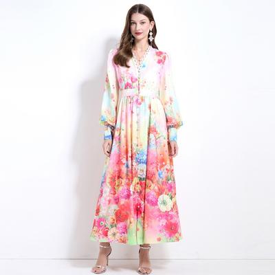 Spring Autumn Women V-neck Single Breasted Print Long Maxi Holiday Beach Dresses