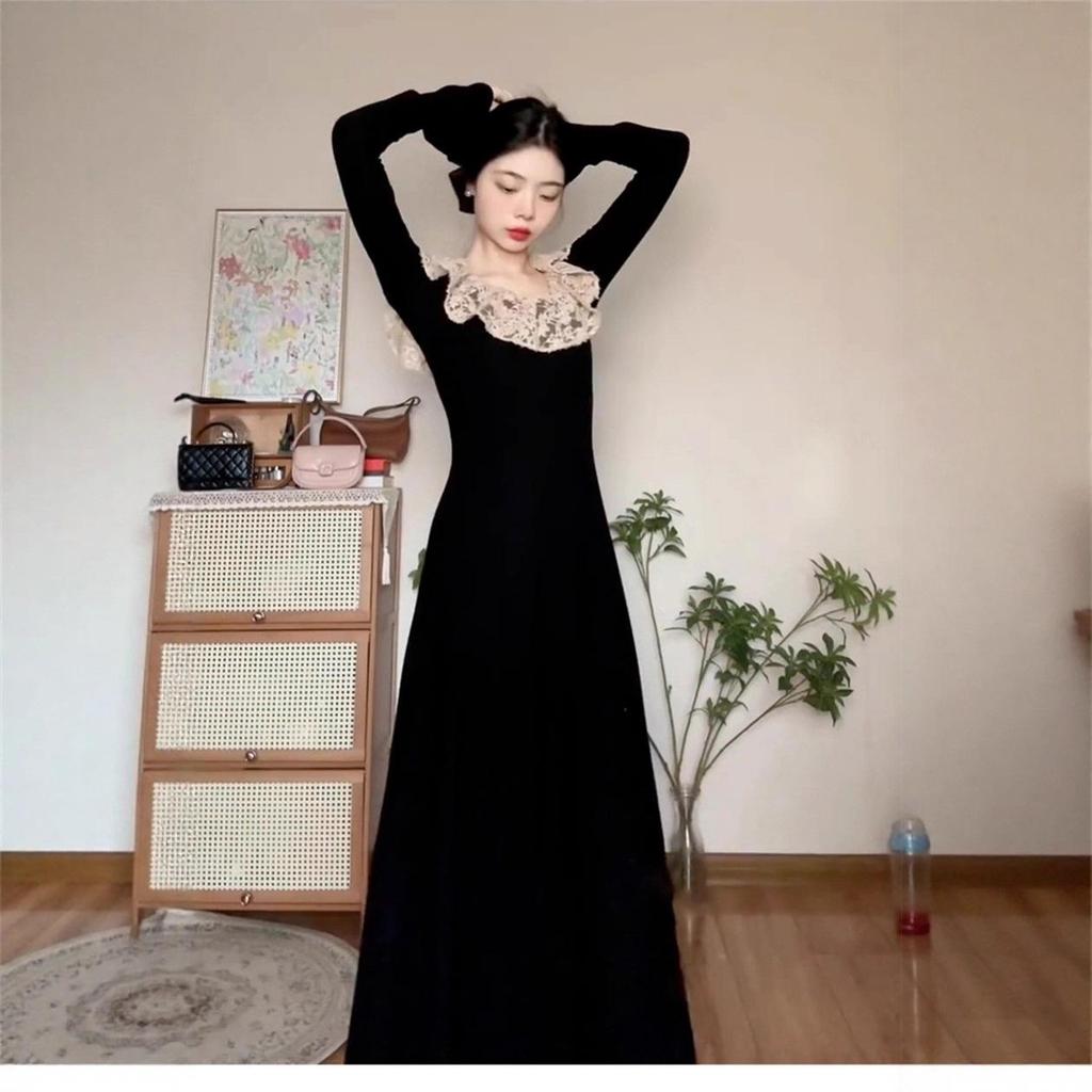 Chic French Hepburn Black Long-Sleeve Slim Dress for Women, Ideal for Autumn/Winter, Perfect As a Base Layer or with Coats