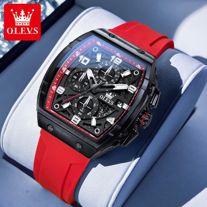 OLEVS Mens Watch Fashion Silicone Strap Tonneau Chronograph Quartz Watch Waterproof Luminous Sports Date Watches Gifts