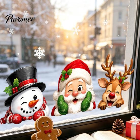 Christmas Gifts for Friends Window Stickers, Static Cling Santa Claus Snowman Reindeer Decals, Cute Animal Art Holiday Glass Clings Home Storefront