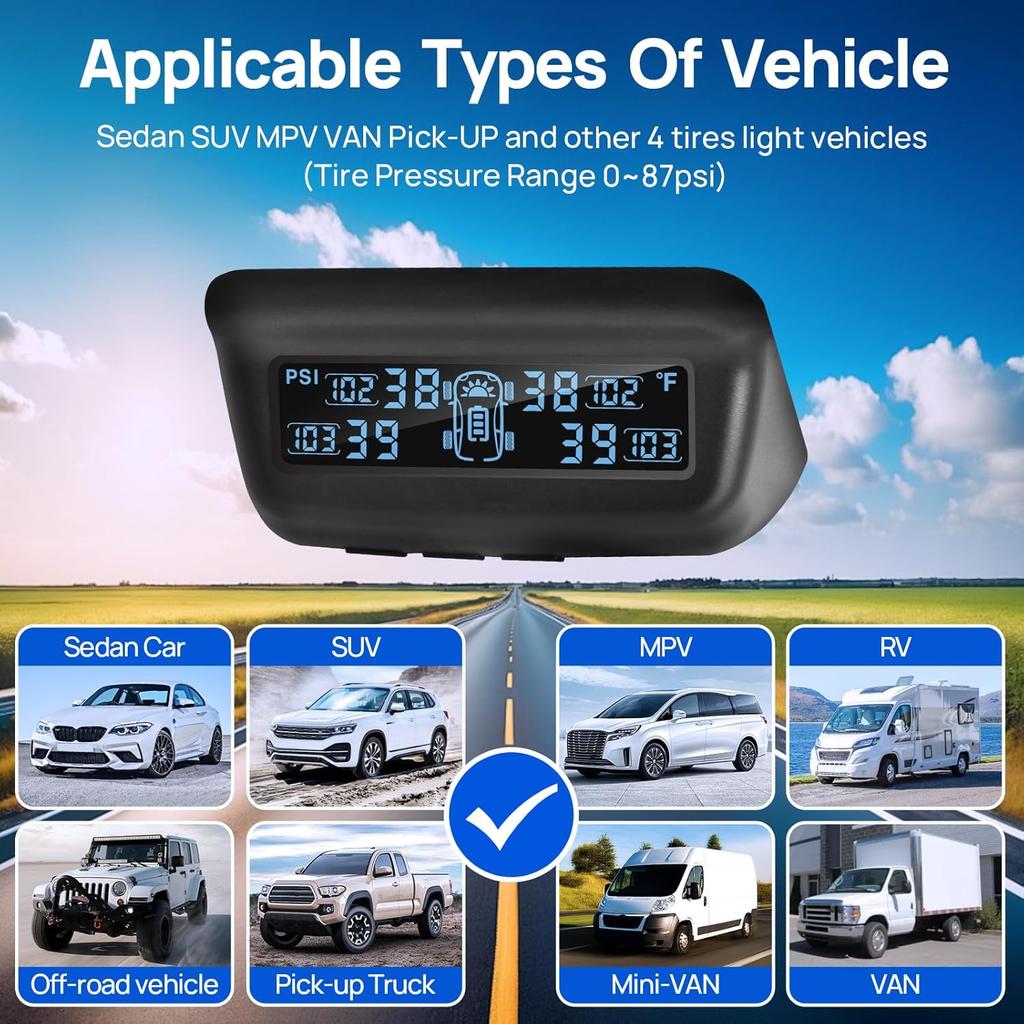 Tire Pressure Monitoring System, RV/Trailler TPMS With Solar Charging & Auto Calibration, M13 LCD Display Tpms 4 Sensors (0-87PSI)