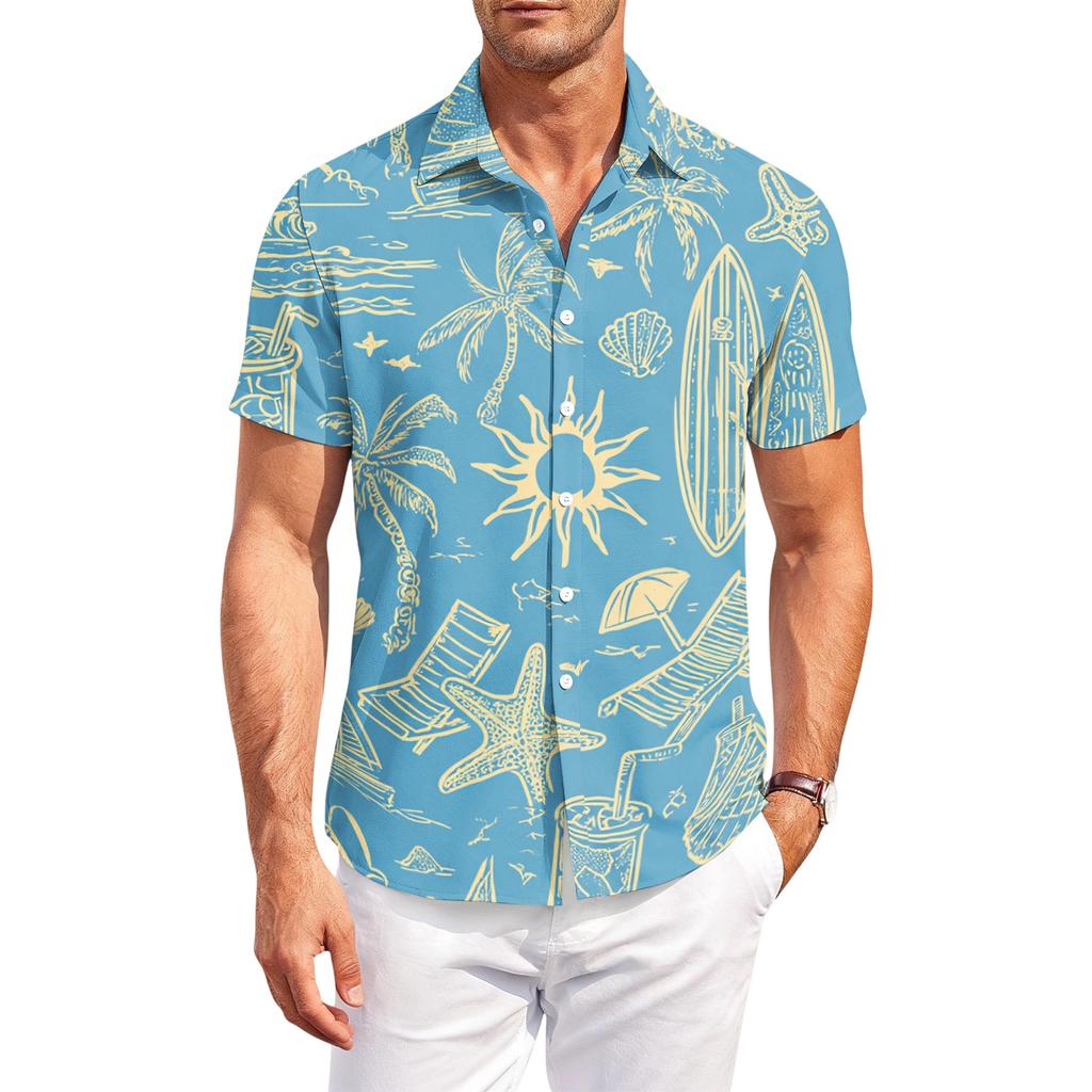 Men Short Sleeve Button Down Shirt Hawaiian Floral Print Collared Casual Outdoor Relaxed Fit Lightweight Top