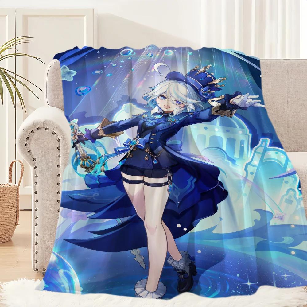 Genshin Impact Furina Flannel Throw Blanket for Couch Home Travel Hiking Picnic Bed Perfect Birthday Gift