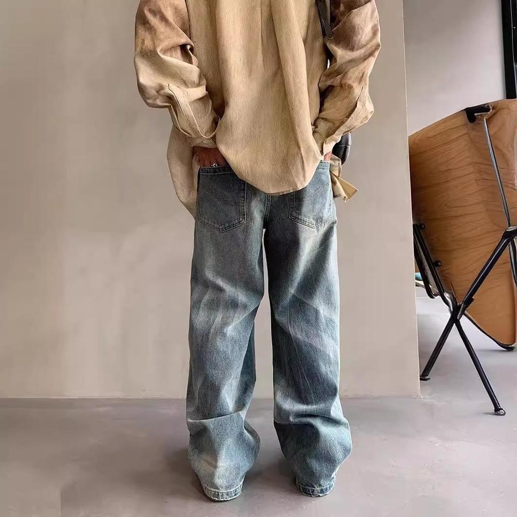 Men's Washed Distressed Wide-Leg Jeans - Retro American Street Style, Floor-Length, Perfect for Spring and Autumn