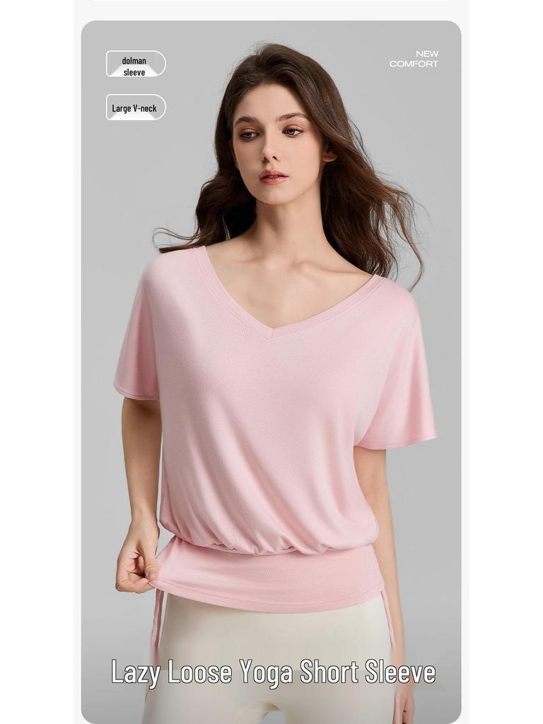 Women's V-neck Batwing Yoga T-shirt: Loose, Short Sleeve, Drawstring, Lazy Style for Spring/Summer 2026.