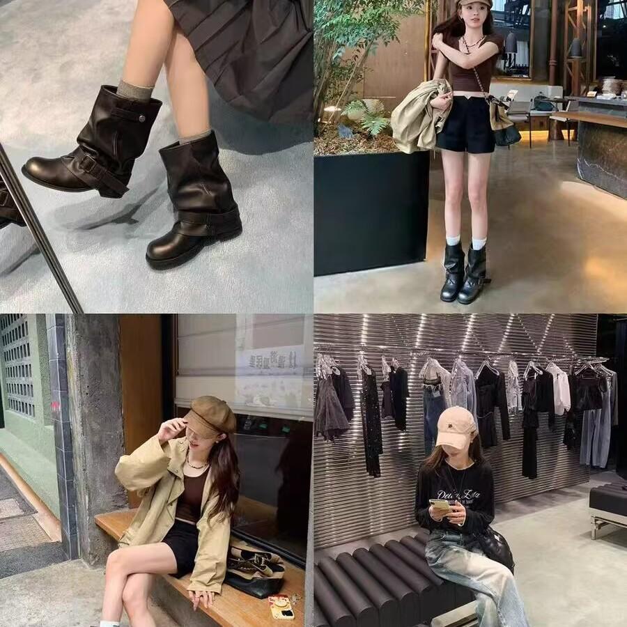 Grape Mother Studiolee Wasteland Wind Thick Bottom Heightening Width Big Tube Circumference Pile Boots Western Short Boots Women Autumn and Winter