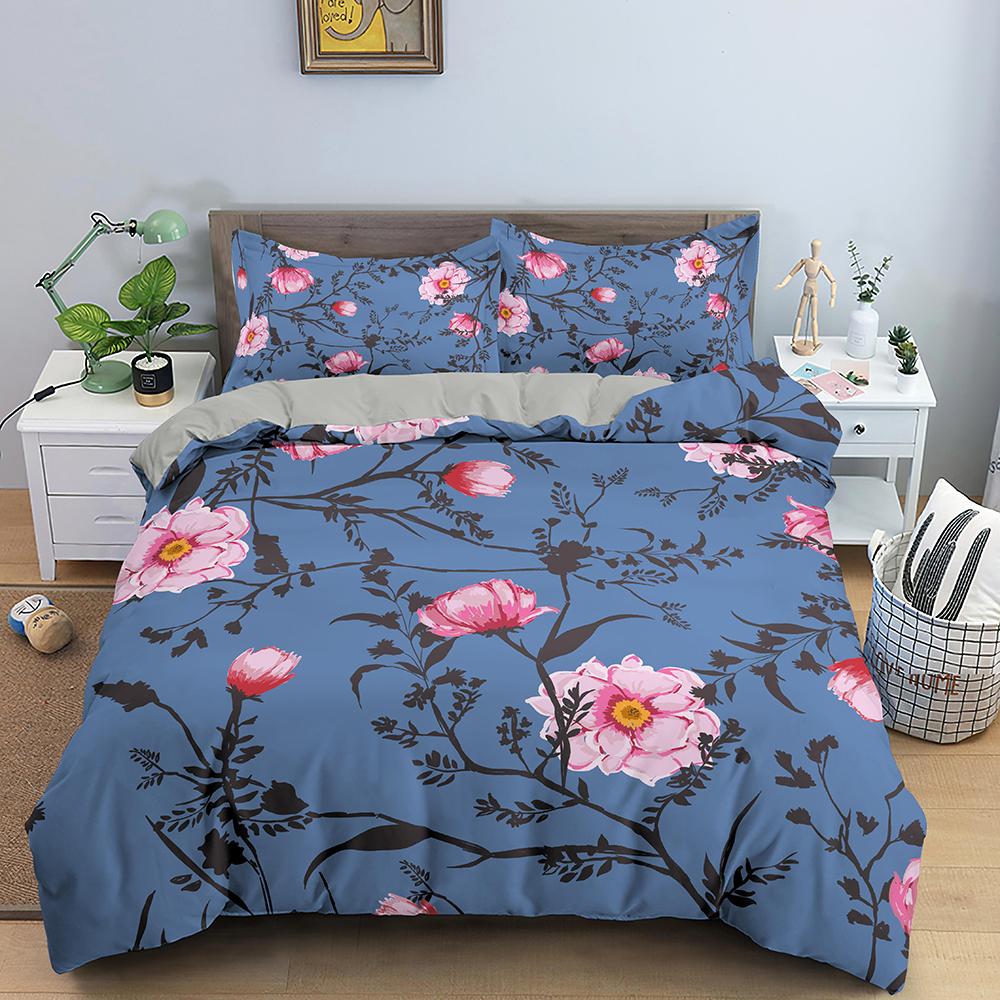 3D Bedding Set Flowers Print Duvet Cover Set with Zipper Closure Queen King Full Size Comforter Cover and Pillowcases Polyester