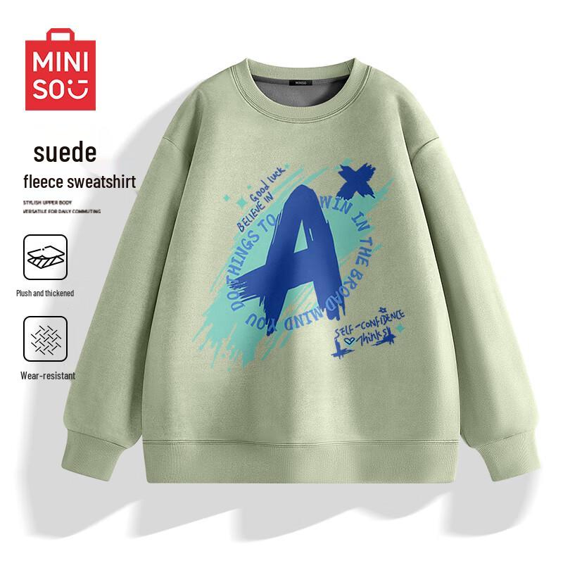 

MINISO Men s Fleece-Lined Letter Print Suede Sweatshirt 3XL