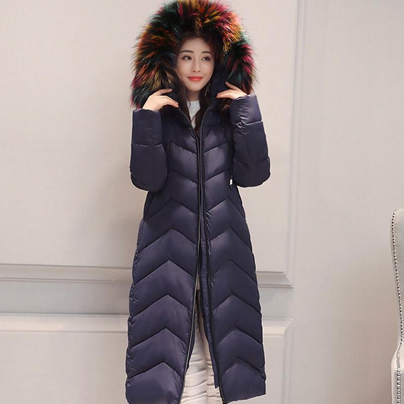 Woman Winter Down Cotton Parka Jacket Coat Outwear Long Hooded Fur Collar Zipper Pocket Loose Diamond Pattern Warm Solid Color