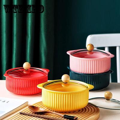Nordic Style Ceramic Instant Noodle Bowl with Lid Binaural Soup Bowl Student Dormitory Rice Bowl Large Fruit Dish