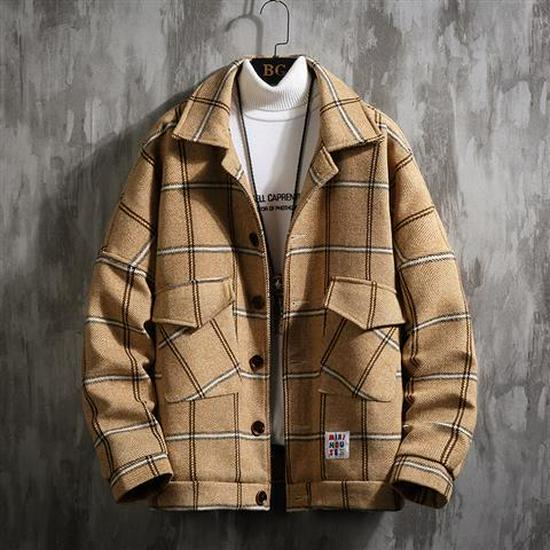 Men's Korean Plaid Woolen Coat - Autumn/Winter Casual British Lapel Windbreaker