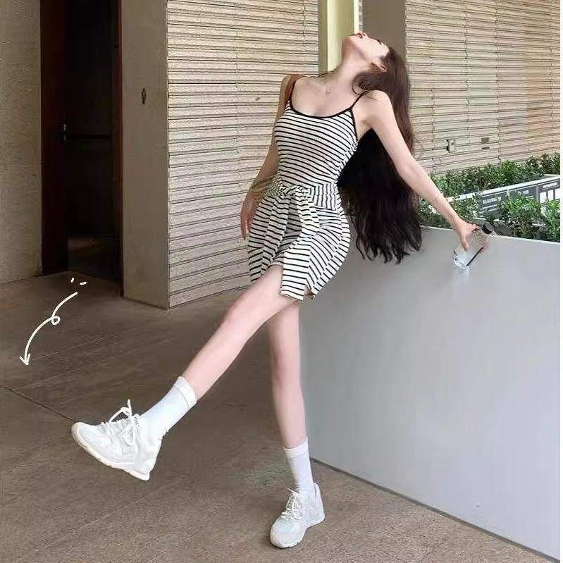 Fake Two-piece Striped Suspender Dress Women's Summer Sweet Babes Sexy Hip Skirt High Cold Imperial Sister Wind Tube Top Skirt