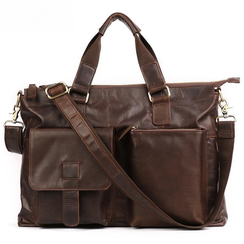 Men s Genuine Leather Business Briefcase 17-Inch Laptop Bag Horiztal Shoulder Cowhide Top Layer
