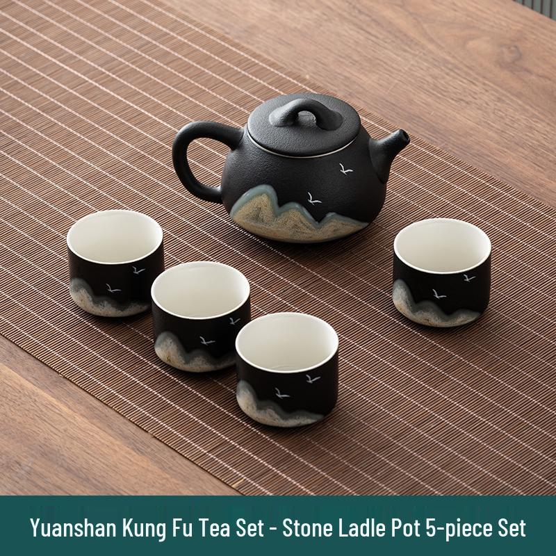 

Чайный набор из черной керамики в стиле дзен - Чайник и чайные чашки из грубой керамики с подносом, Идеально подходит для дома и офиса