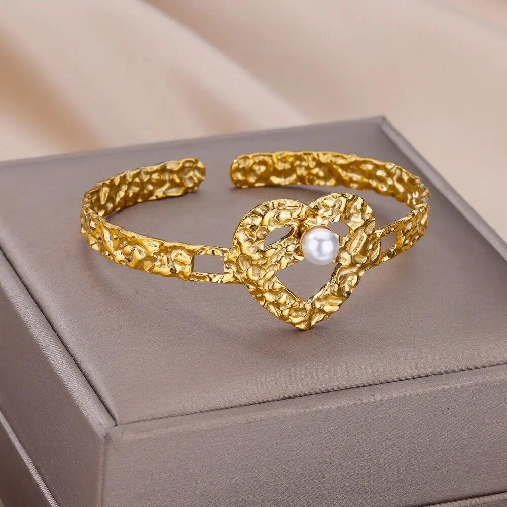 Artificial Green Stone Stainless Steel Cuff Bracelet for Women Gold Color Bangle Bracelets Female Vintage Jewelry Accessories