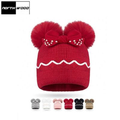 Winter Children's Bow Double Wool Ball Warm Beanies Hat Ear Protection Girls' Knitted Hat Soft Pearl Cute Baby Yarn Hat