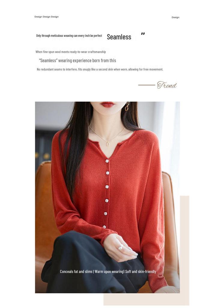 2026 Spring/Autumn Women's V-Neck Fine Wool Knit Cardigan - Long Sleeve, Solid Color, Loose Fit