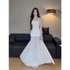 Design Sense Mesh Splicing Suspender Dress Women's Summer Niche Temperament Waist Long Dress Gentle Wind White Skirt