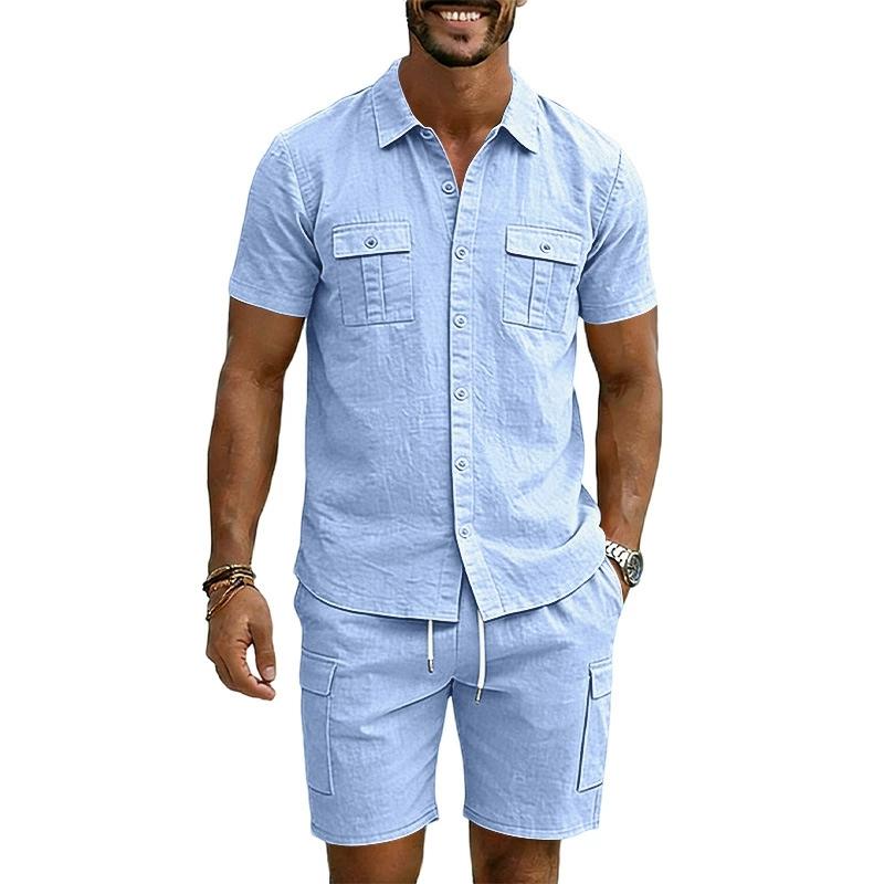 Casual Solid Color Linen Two Piece Sets Mens 2026 Spring Summer Fashion Short Sleeve Shirts and Shorts Outfits Men Linen Suits