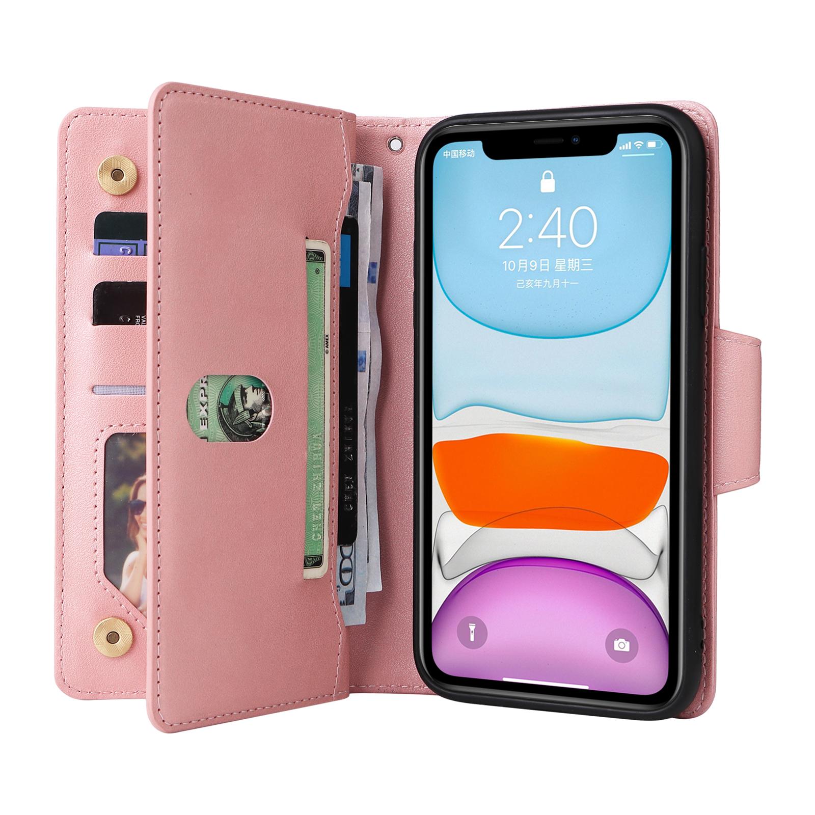 

For iPhone 11 Case PU Leather Stand Phone Cover with Rivet Decor Rose Gold