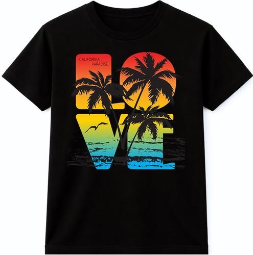 Retro Sunset Palm Trees LOVE T-Shirt Beach Summer Tropical Holiday Tee S