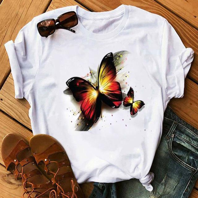 Women T Shirt Butterfly Heart Print T Shirt Female Summer Casual Cute Graphic Tee Tops Women Summer Funny Harajuku T-Shirts Tops