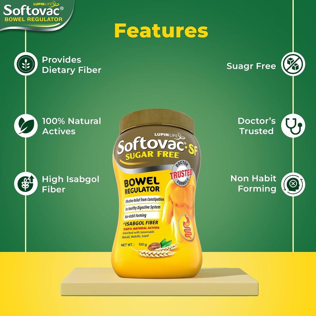 Softovac SF Isabgol Bowel Regulator Powder 100 G Pack of 1, Gentle Sugar Free Laxative for Constipation Relief, Supports Digestion and Gut Health