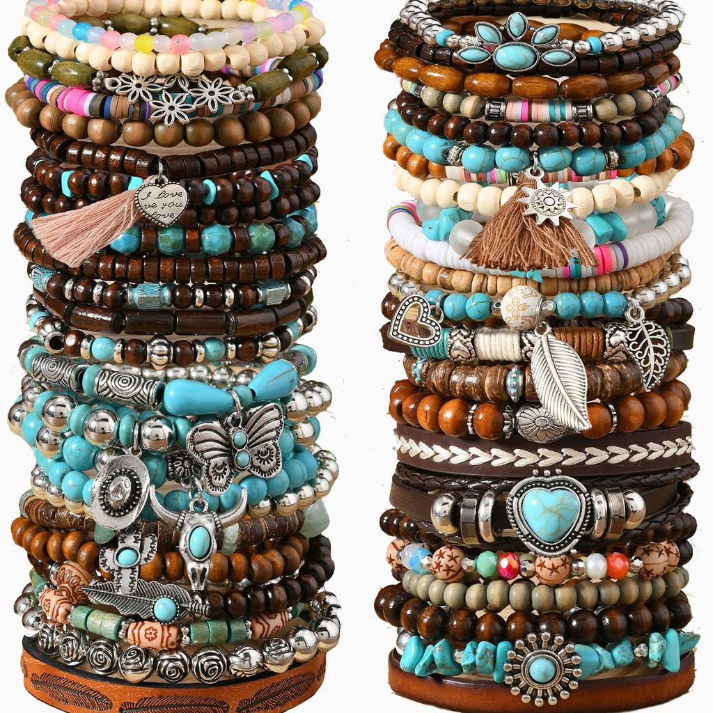 Boho Beaded Stack Bracelet Set, Multi-Layer Wood & Turquoise Bead Bracelet for Women, Bohemian Casual Beach Jewelry