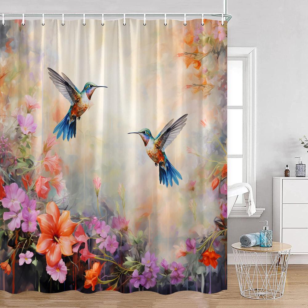 Cute Bird Plant Shower Curtain Hummingbird Pink Flower Green Leaves Nature Floral Bathroom Decor Polyester Bath Curtain