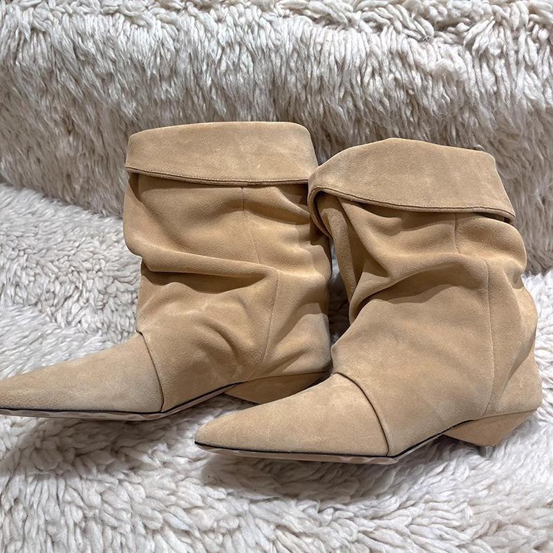 Sheepskin version~ pointed cat heel fold pile boots women's autumn and winter new fashion casual western boots versatile short boots