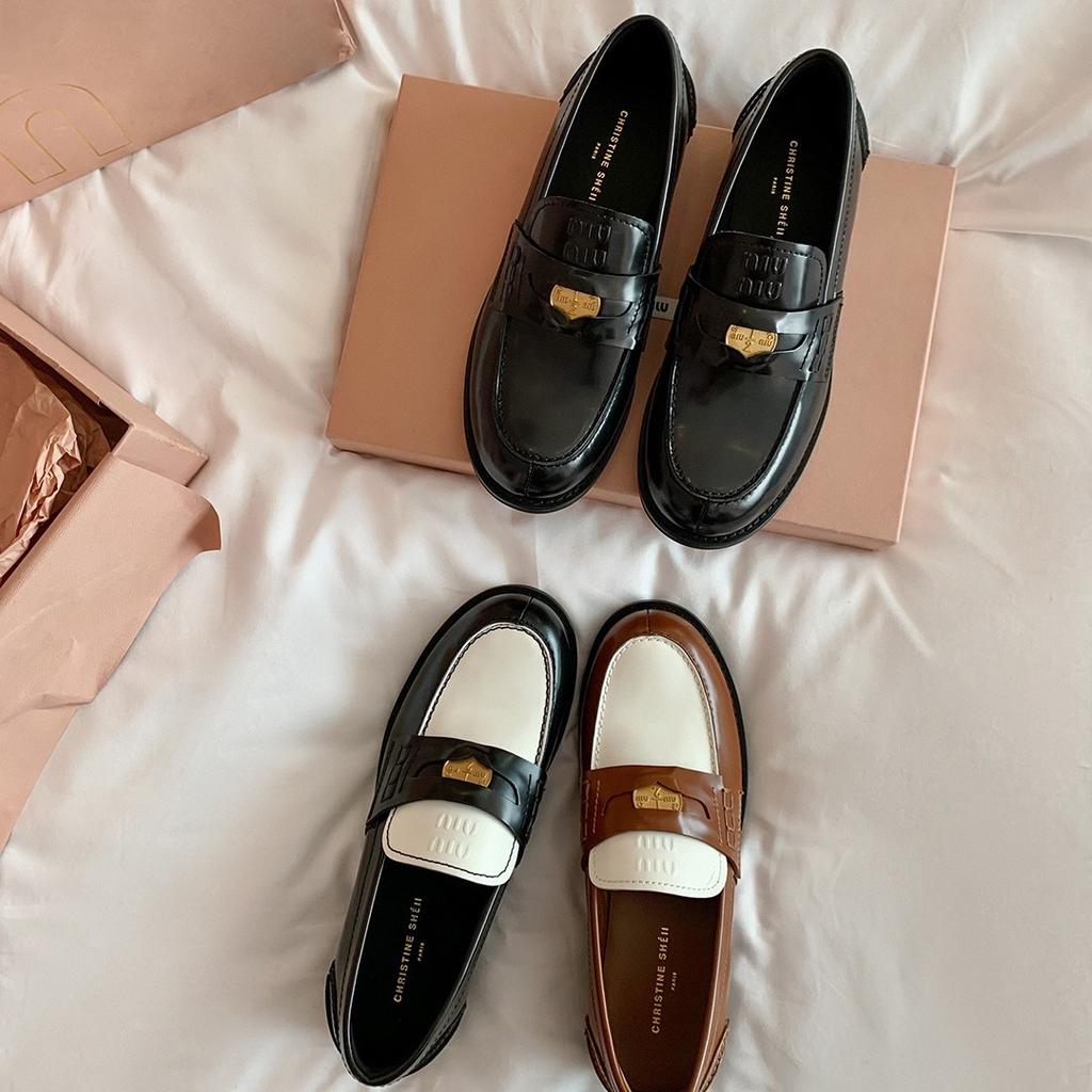 ~ Cowhide Version~ Miu Small Leather Shoes Women's Genuine Leather Retro Gold Coins One Pedal