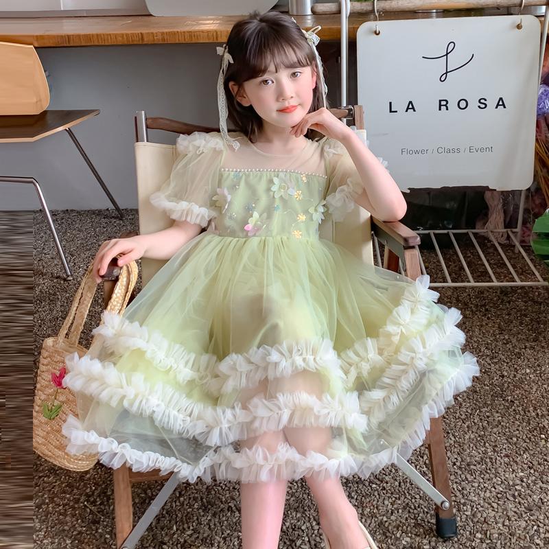 Girls' Summer Dress 2026 New Style Children's Western-style Girls' Summer Dress Three-dimensional Flower Mesh Princess Dress