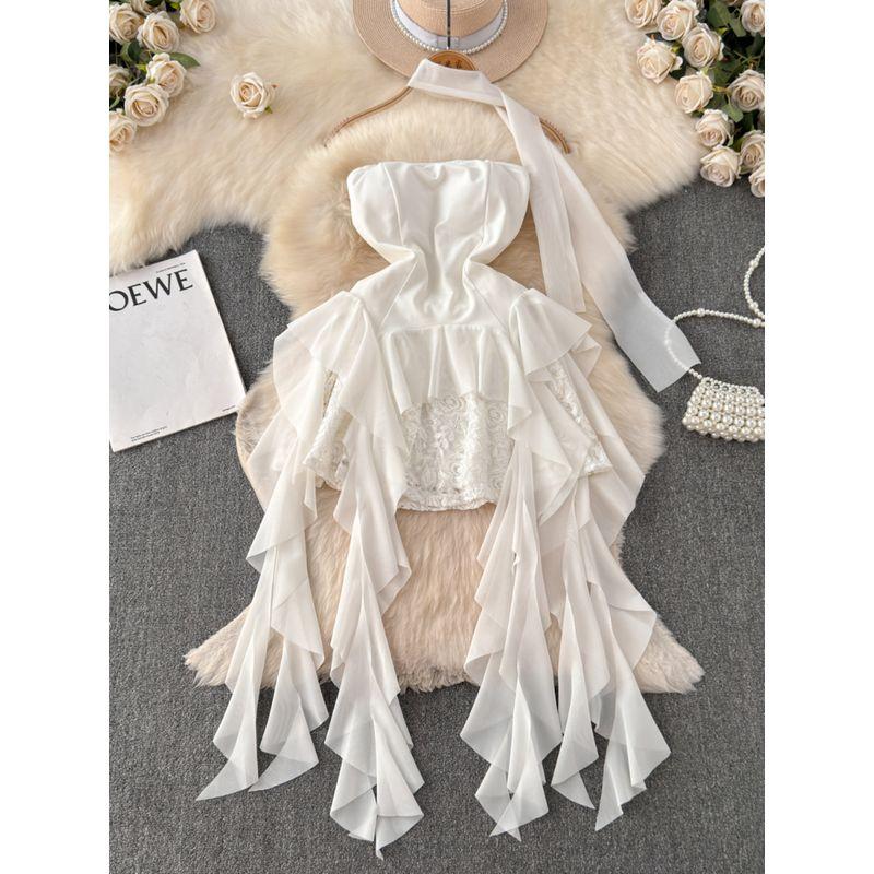 French Style Pure Desire Style Tube Top Dress Women's Summer Lace Asymmetrical Ruffles Ribbon Stylish Sexy Skirt