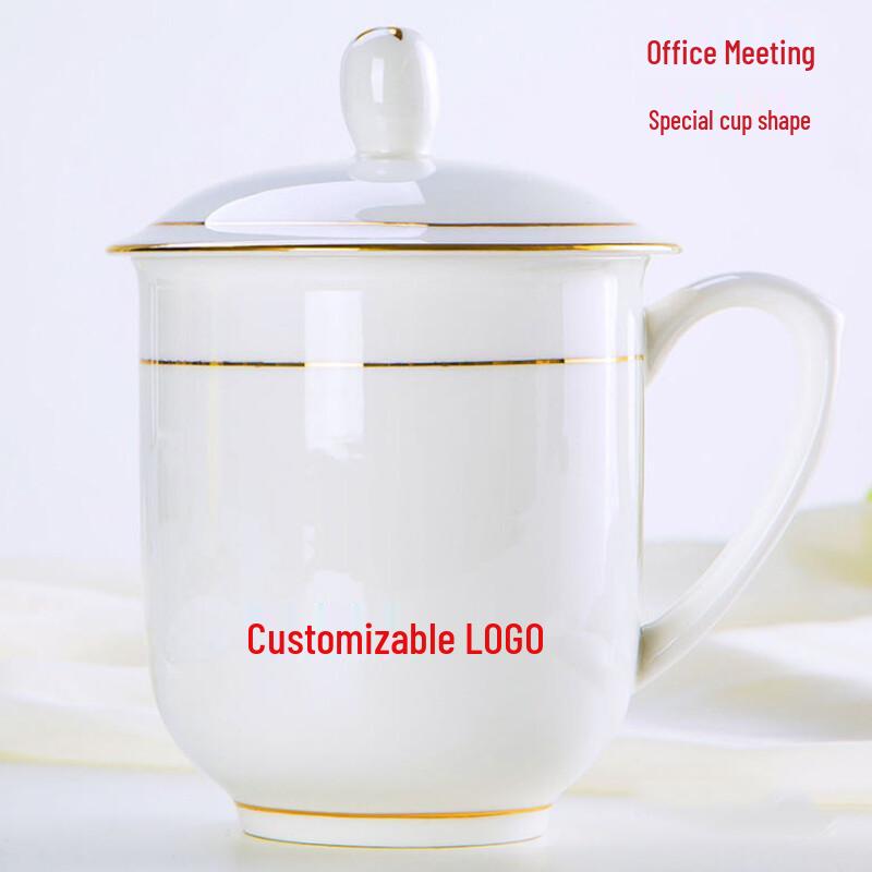 Gold Rim Ceramic Office Mug with Lid, 360ml