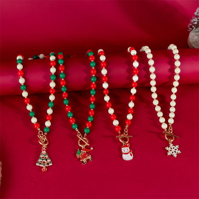 Christmas Imitation Pearl Necklace for Women Fashion Santa Claus Snowman Pendant Clavicle Chain Jewelry