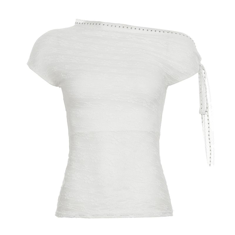 H Home European and American Women clothes French style Pure Desire Transparent Lace Sloping Shoulder Top Niche Leisure Solid Lace-up Short t-shirt