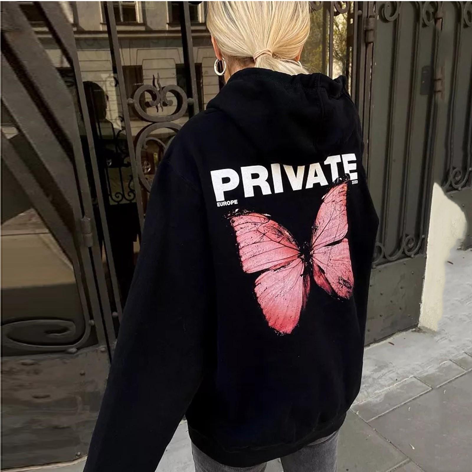 Women s Oversized Casual Butterfly Print Elegant Fashion Pullover Hooded Sweatshirt XL розовый